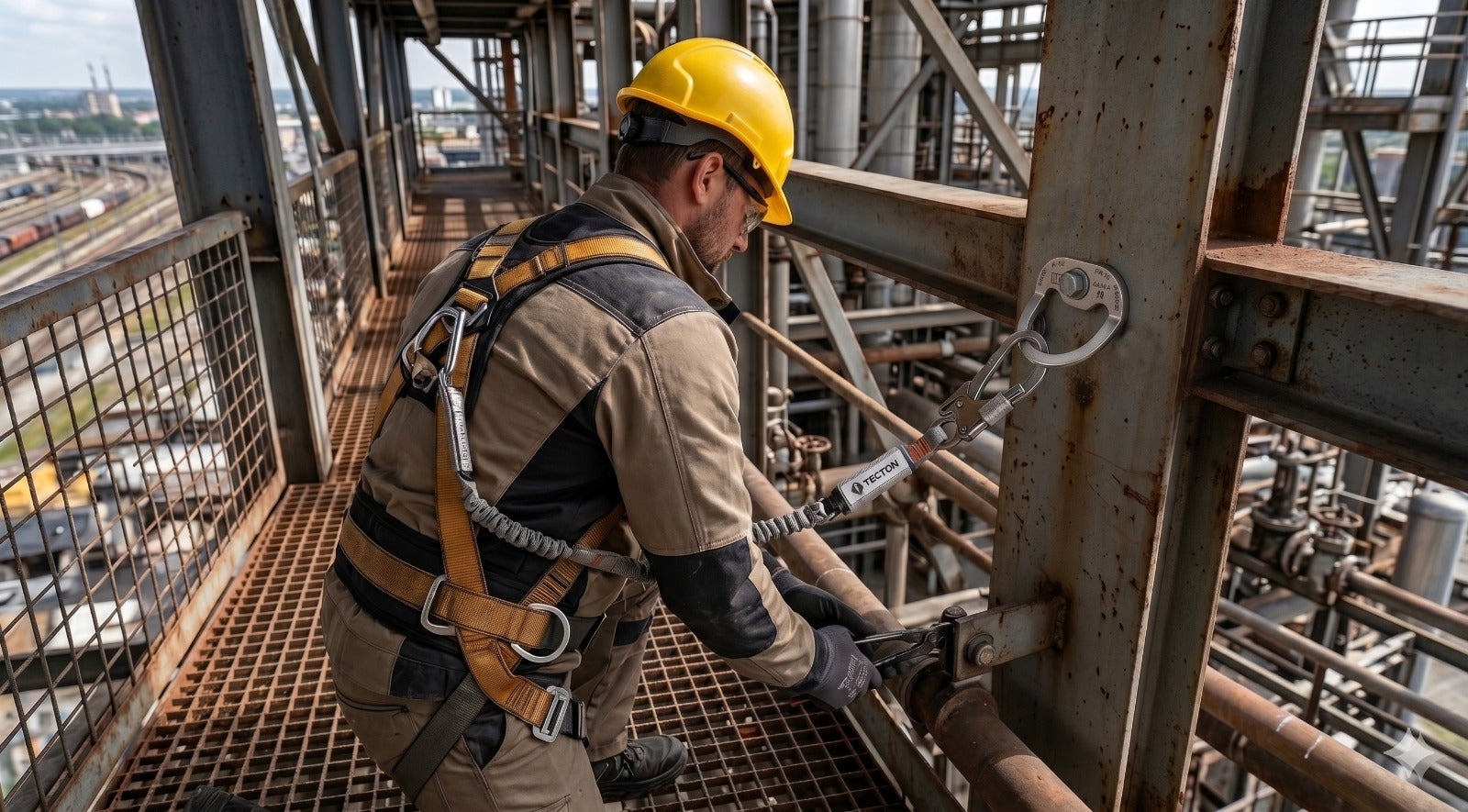 Trabajador con arnés anticaídas Tecton Safety en estructura metálica de planta industrial